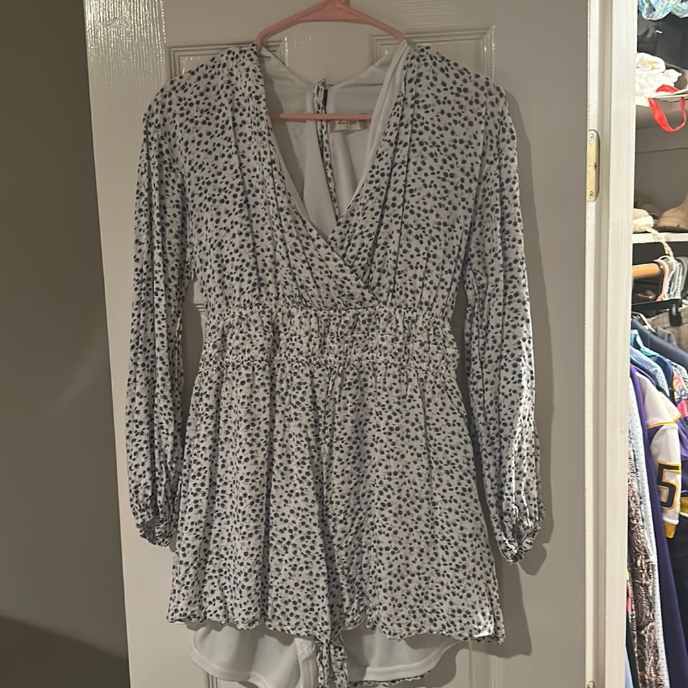 Blue and white floral romper